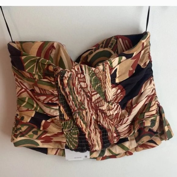 NWT ZARA Linen Blend Green Beige Black Smocked Ruffled Top - Picture 7 of 8